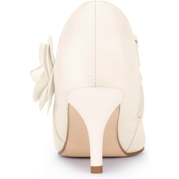 ⚡Women's White Faux Leather Flower Stiletto Heels Pointy Toe Ankle Booties - Picture 6 of 7